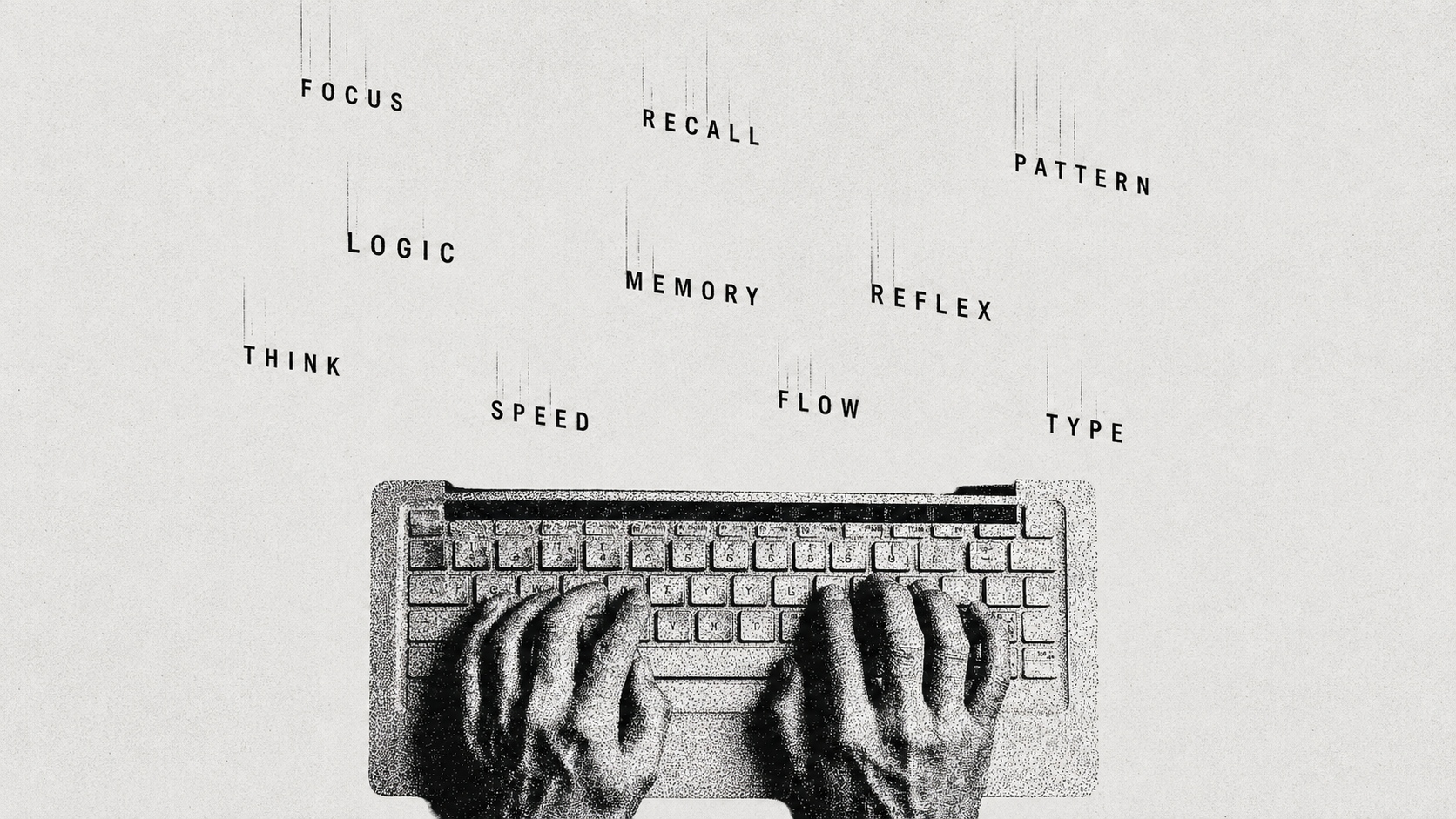 Hands typing while skill words fall from above